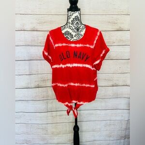 Old Navy Women’s Red Logo Tie Dye Striped Crop Short Sleeve Sweatshirt Top